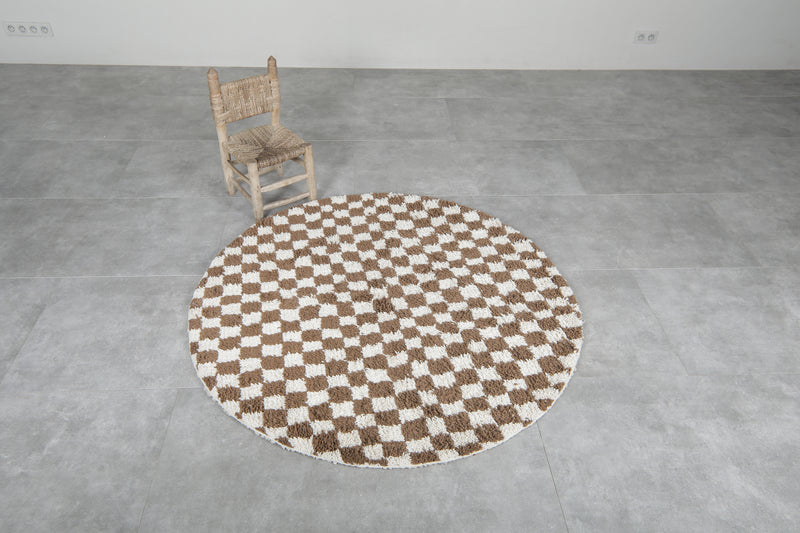 Round Moroccan Wool Rug - 5ft Brown & Cream Checkerboard