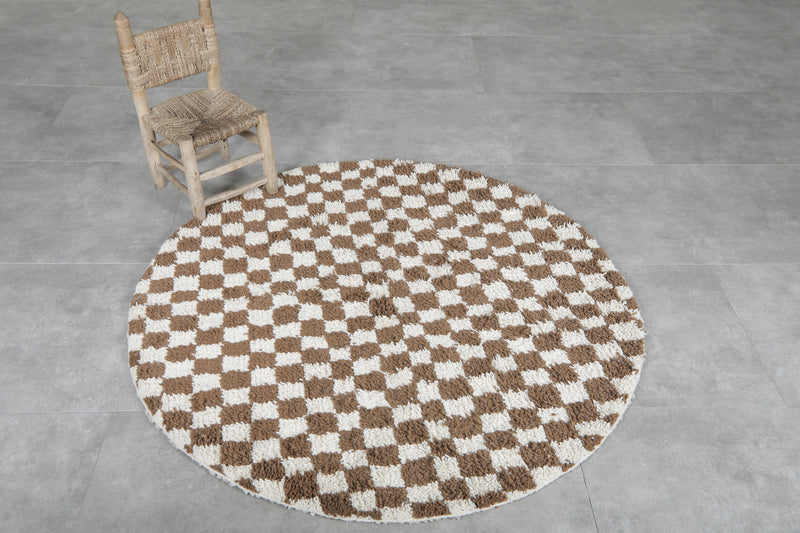 Round Moroccan Wool Rug - 5ft Brown & Cream Checkerboard