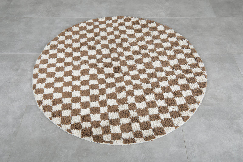 Round Moroccan Wool Rug - 5ft Brown & Cream Checkerboard