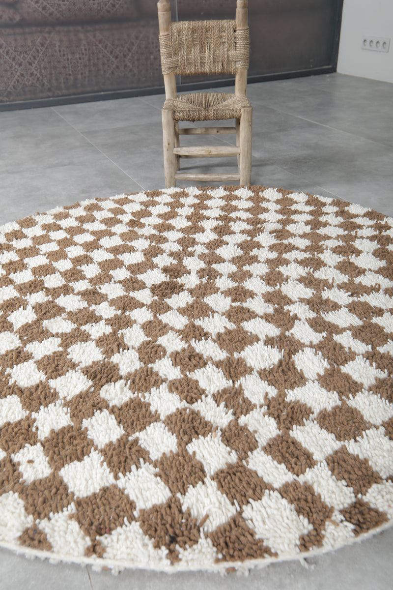 Round Moroccan Wool Rug - 5ft Brown & Cream Checkerboard