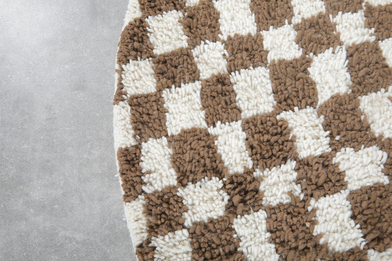 Round Moroccan Wool Rug - 5ft Brown & Cream Checkerboard