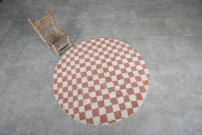 Round Moroccan Wool Rug - 5ft Terracotta & White Checkerboard - round rug