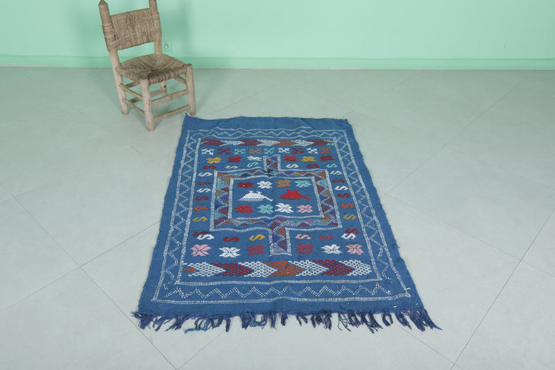 Blue Kilim Rug - 3.2 FT X 4.7 FT | Authentic Moroccan Handwoven