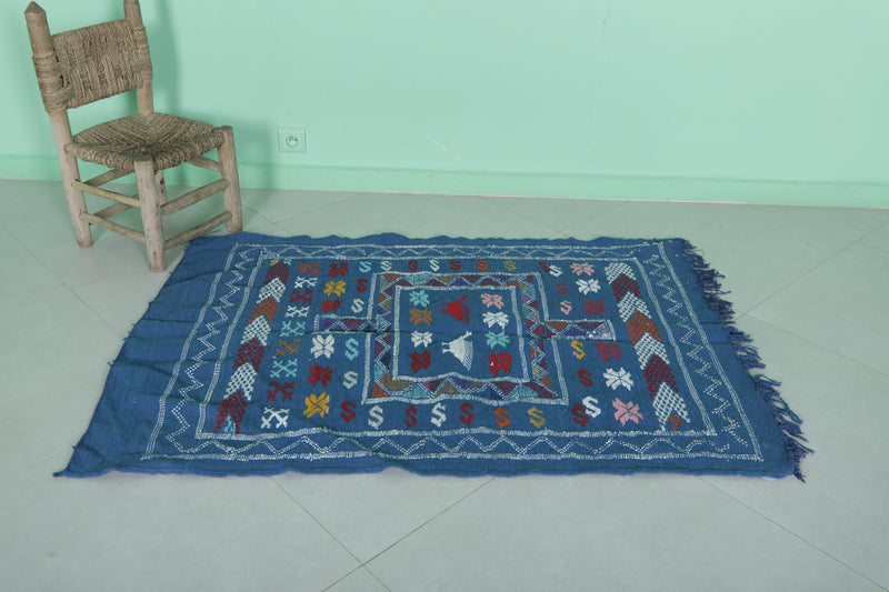 Blue Kilim Rug - 3.2 FT X 4.7 FT | Authentic Moroccan Handwoven