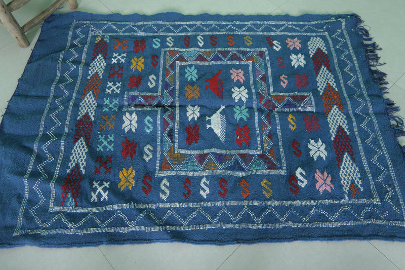 Blue Kilim Rug - 3.2 FT X 4.7 FT | Authentic Moroccan Handwoven