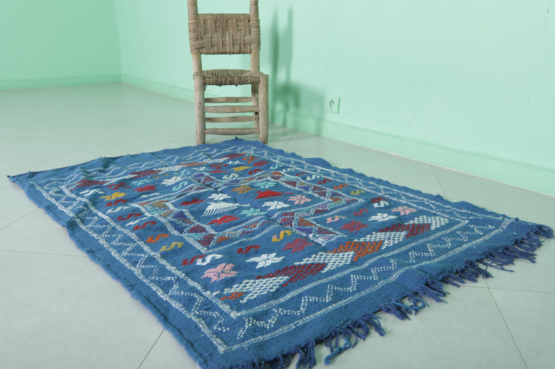 Blue Kilim Rug - 3.2 FT X 4.7 FT | Authentic Moroccan Handwoven