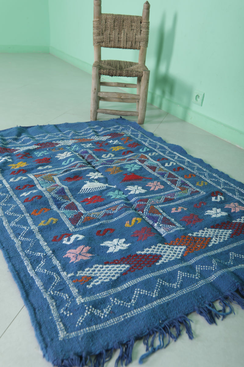 Blue Kilim Rug - 3.2 FT X 4.7 FT | Authentic Moroccan Handwoven