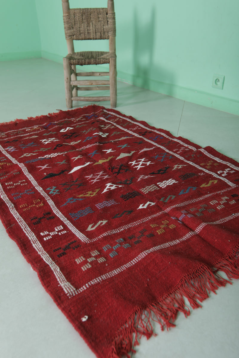 Moroccan Kilim Rug - Red Handwoven Design - 3.1x5.1 ft