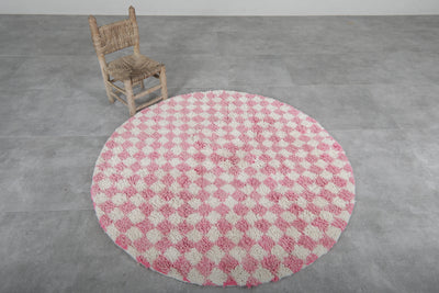 Round Moroccan Wool Rug - 5ft Pink & Cream Checkerboard - round rug