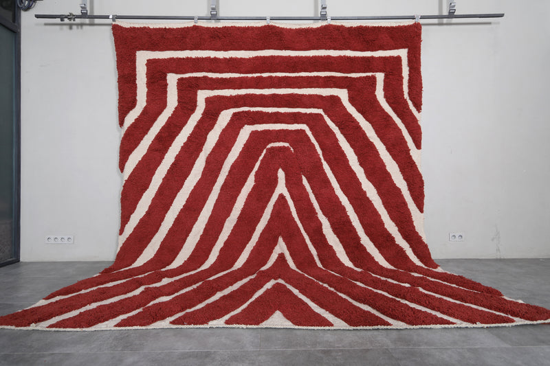 Moroccan Red Wool Rug - 10.2 x 11.9 Feet | Bold Geometric Design