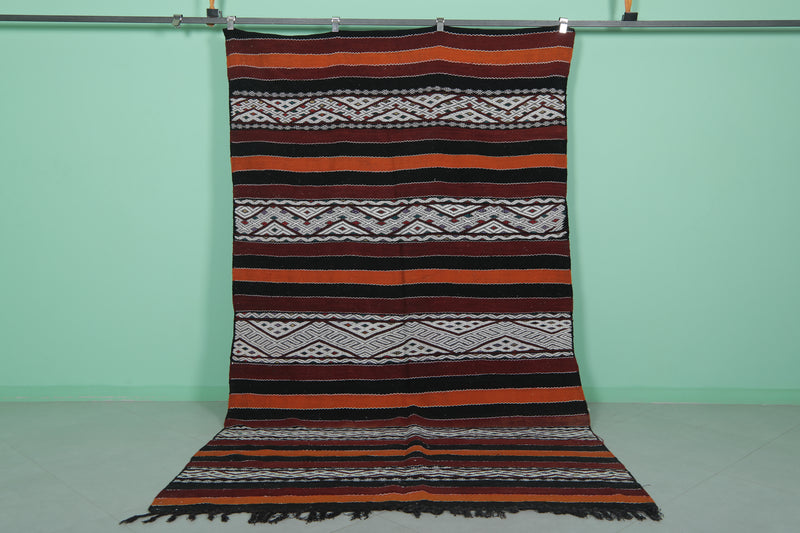 Moroccan Rug - Black, Orange, and White Striped Design - 5.5x9.6 ft