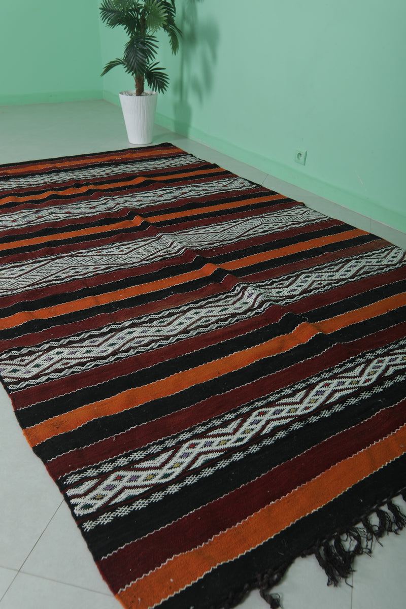 Moroccan Rug - Black, Orange, and White Striped Design - 5.5x9.6 ft