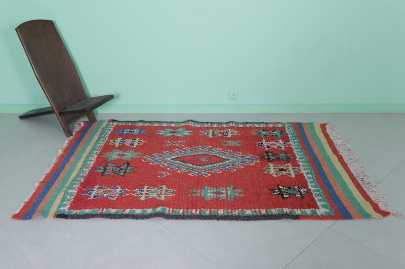 Red Moroccan Rug 4.1 x 6.5 FT - Tribal Design with Vibrant Borders