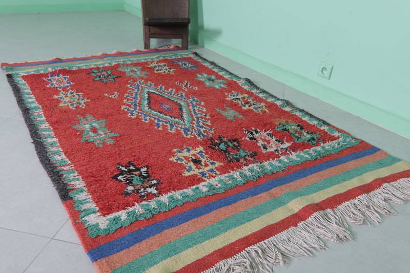 Red Moroccan Rug 4.1 x 6.5 FT - Tribal Design with Vibrant Borders