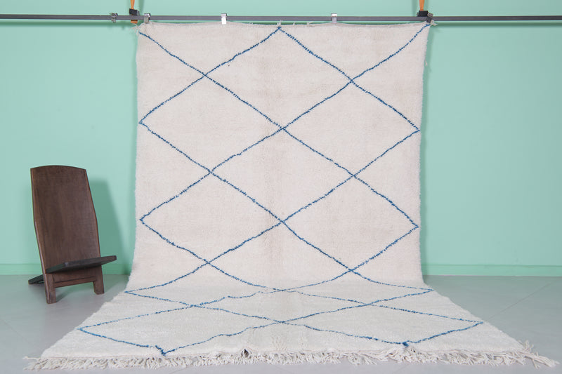 Diamond Moroccan Wool Rug - 6.4 FT X 9.9 FT | Ivory with Blue Accent Design