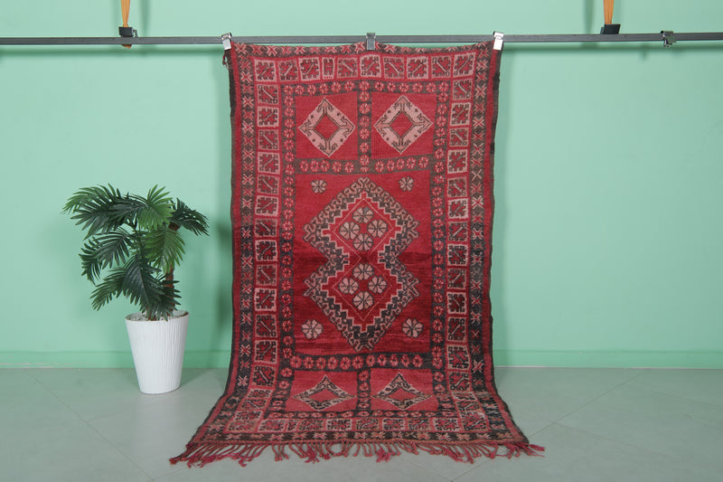 Red Handwoven Berber Rug - Moroccan Artistry 3.8 FT X 6.7 FT