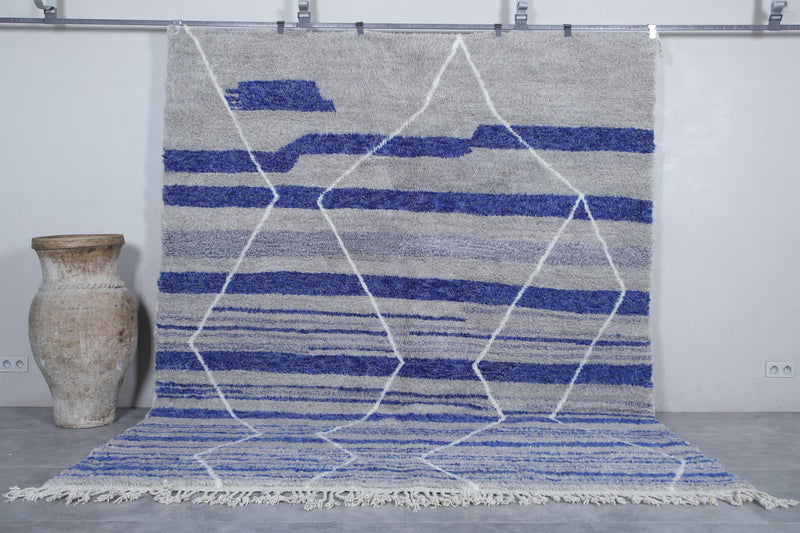 Grey Moroccan Rug - Handwoven 8.4 x 10.2 Feet | Blue Striped Geometric Design