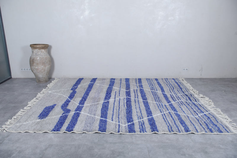 Grey Moroccan Rug - Handwoven 8.4 x 10.2 Feet | Blue Striped Geometric Design