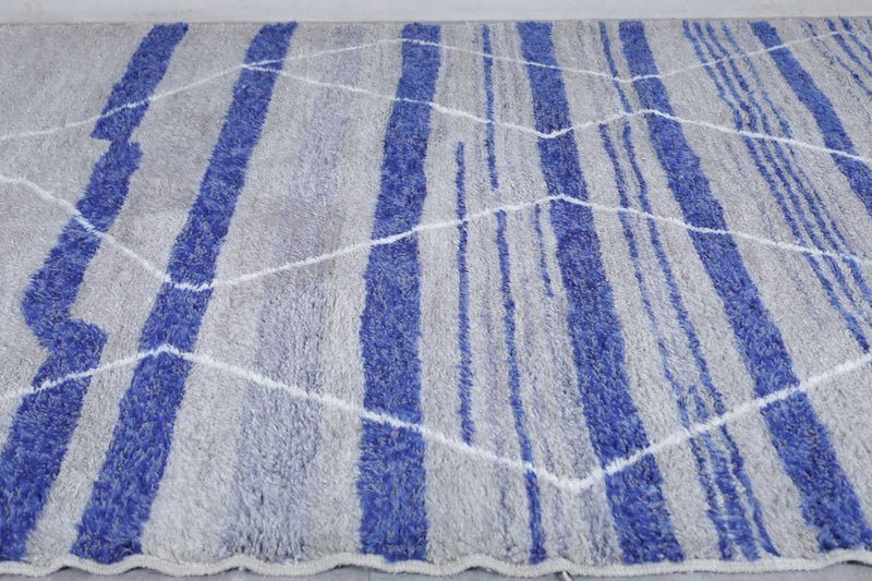 Grey Moroccan Rug - Handwoven 8.4 x 10.2 Feet | Blue Striped Geometric Design