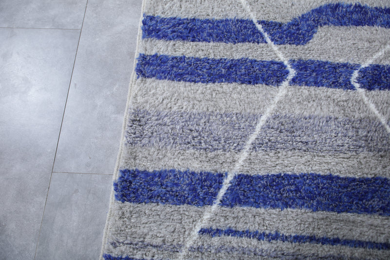 Grey Moroccan Rug - Handwoven 8.4 x 10.2 Feet | Blue Striped Geometric Design