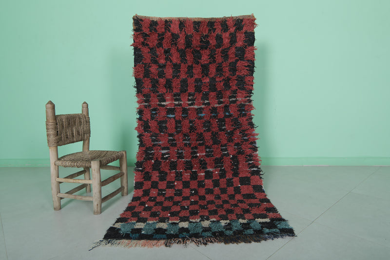 Checkered Black and Red Boucherouite Rug 2.6 x 5.5 Feet - Handmade Moroccan Rug