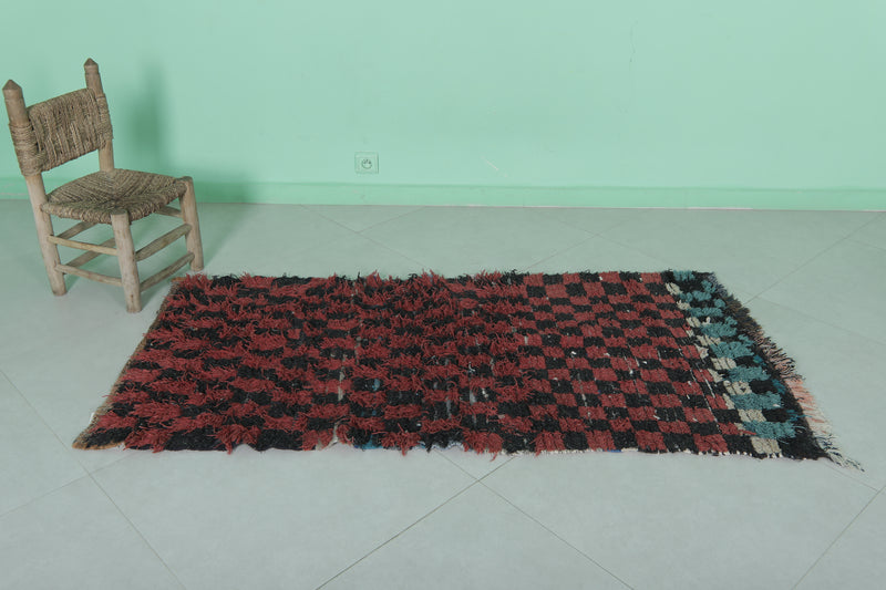 Checkered Black and Red Boucherouite Rug 2.6 x 5.5 Feet - Handmade Moroccan Rug