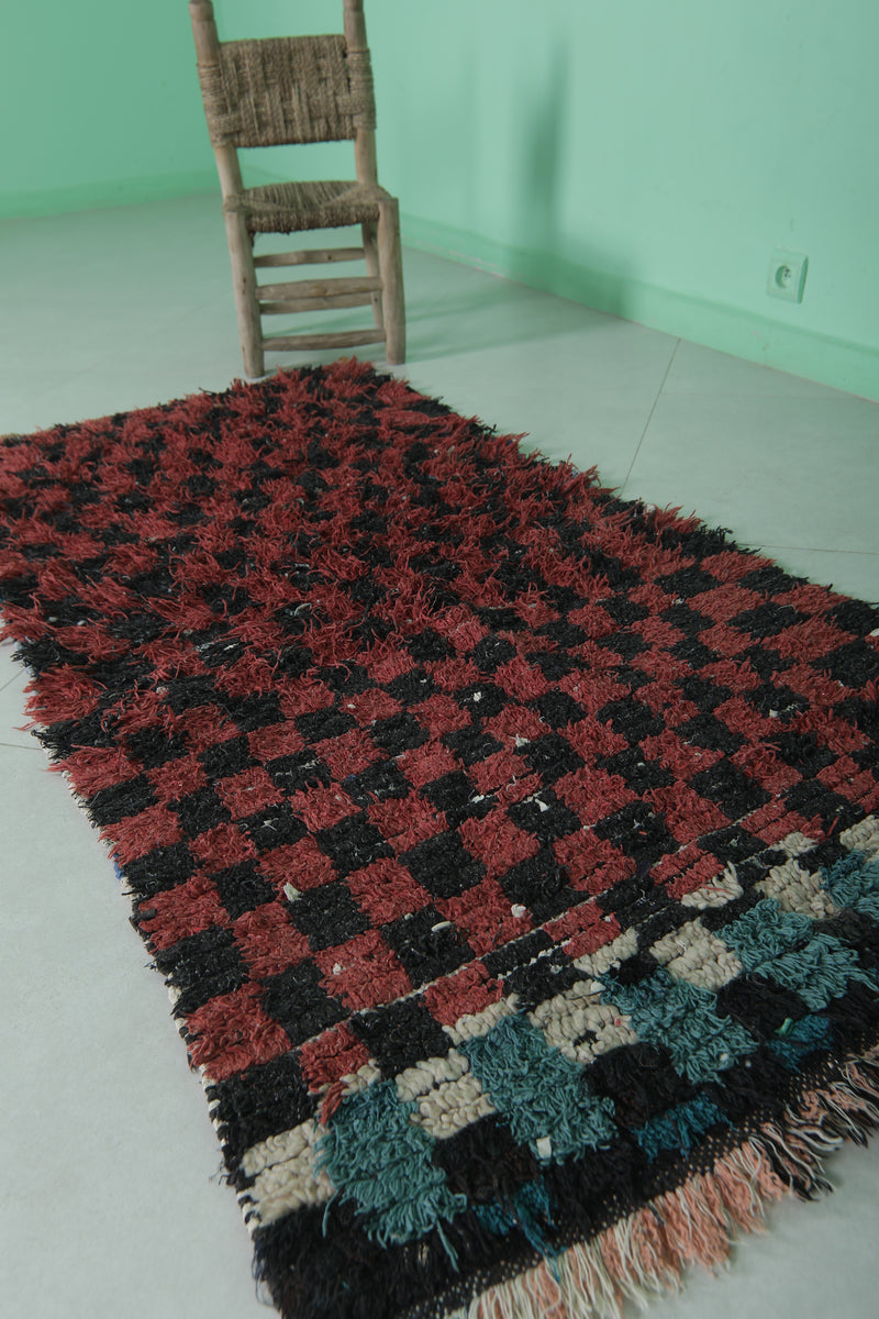 Checkered Black and Red Boucherouite Rug 2.6 x 5.5 Feet - Handmade Moroccan Rug