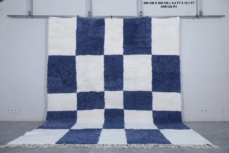 Moroccan Berber Rug - Handwoven 9.4 x 12.1 Feet | Blue and White Checkered Design