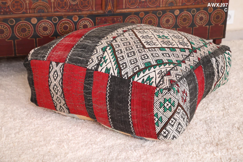 Moroccan Handwoven Berber Kilim Rug Pouf – Traditional Artisan Pouf for Home Decor