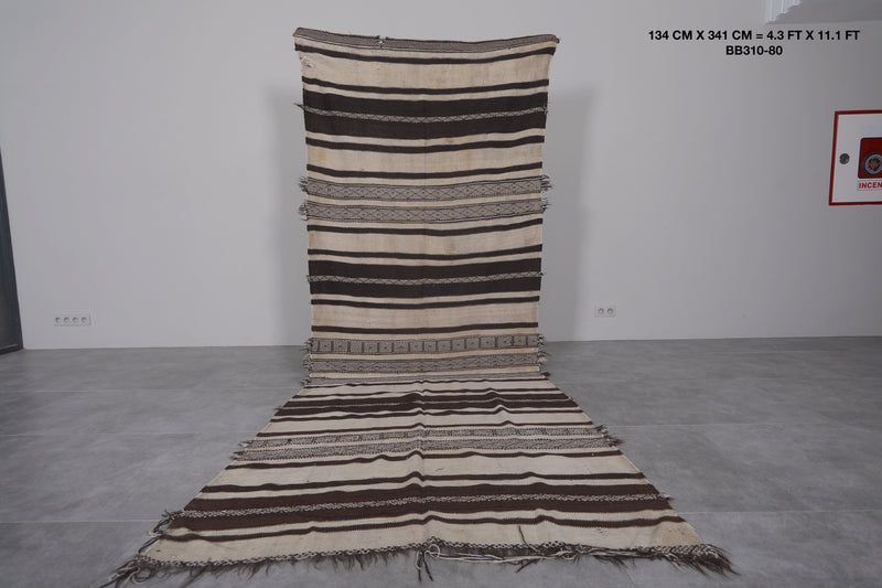 Handwoven Kilim Rug - Black and Cream Stripes 4.3 FT X 11.1 FT