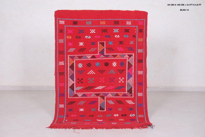 Handwoven Red Kilim Rug 3.4 FT x 4.8 FT - Vibrant Moroccan Decor