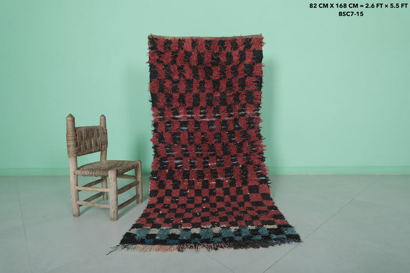 Checkered Black and Red Boucherouite Rug 2.6 x 5.5 Feet - Handmade Moroccan Rug