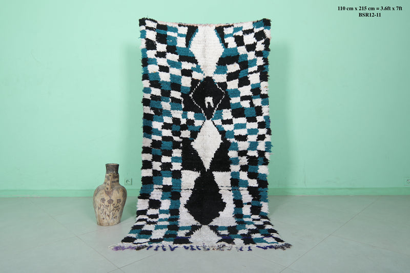 Moroccan Boucherouite Rug 3.6 x 7 Feet - Bold Black & Teal Pattern