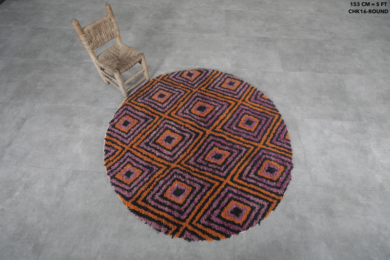 Round Moroccan Wool Rug - 5 ft Vibrant Geometric Design