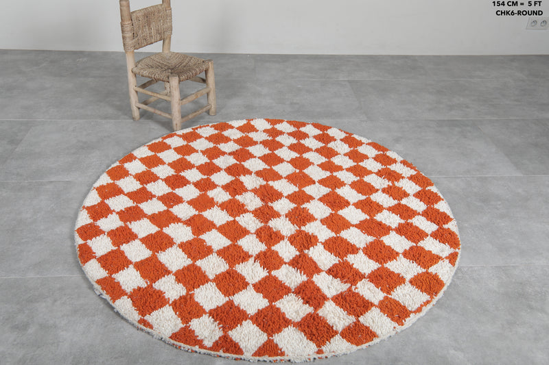 Round Moroccan Wool Rug - 5ft Orange Checkerboard