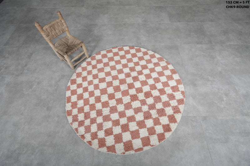 Round Moroccan Wool Rug - 5ft Terracotta & White Checkerboard