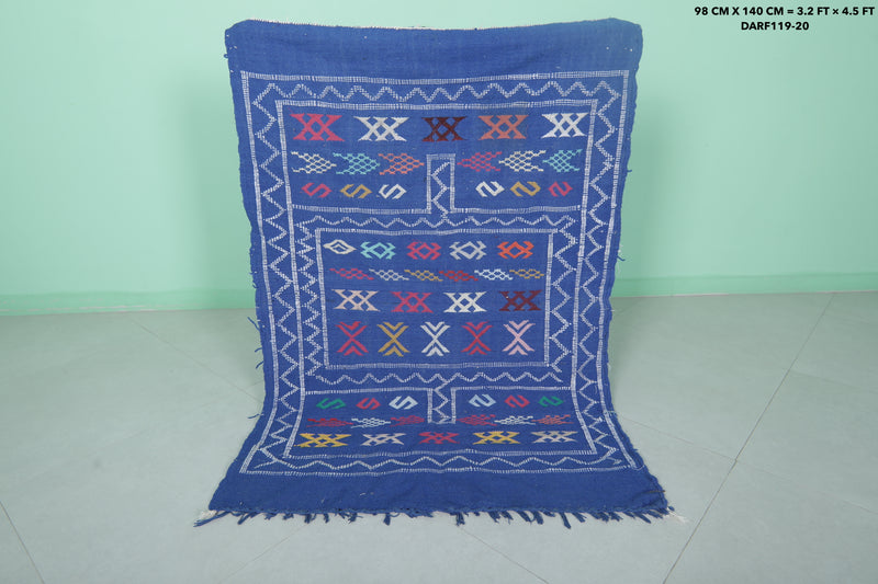 Handwoven Blue Moroccan Rug 3.2 x 4.5 FT - Vibrant Geometric Patterns