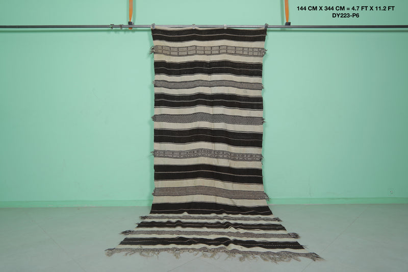 Striped Runner Kilim Rug - Black and Beige 4.7 FT X 11.2 FT | Handwoven Elegance