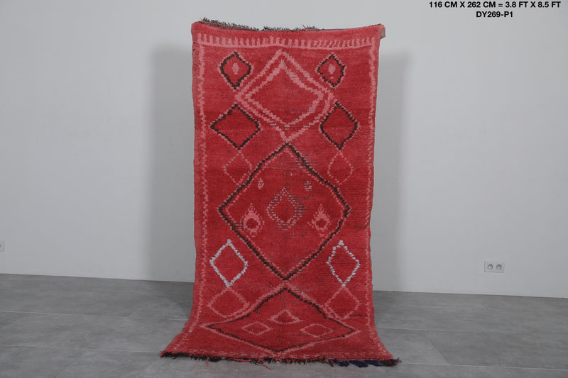 Vintage Red Moroccan Rug – 3.8 x 8.5 ft | Handwoven Berber Elegance