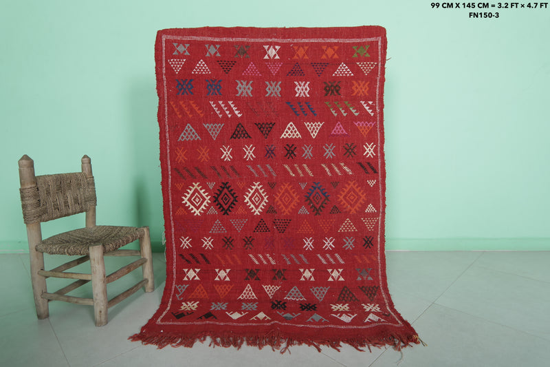 Small Red Moroccan Rug - 3.2 FT × 4.7 FT | Handwoven Kilim