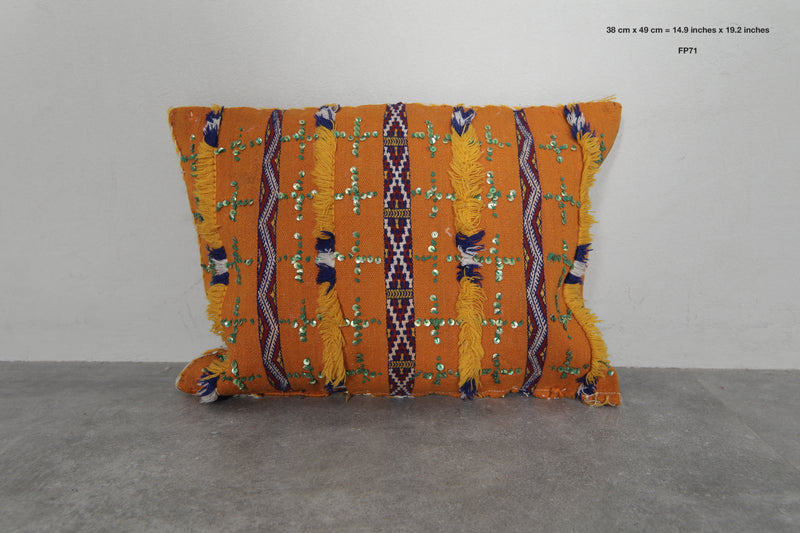 Handmade Moroccan Berber Pillow | 14.9x19.2 Inches Orange Sequin Decor - kilim pillow