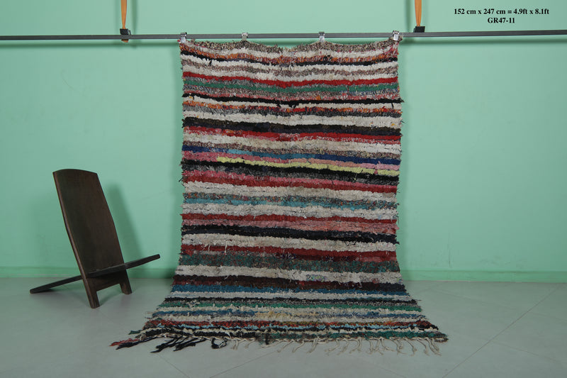 Moroccan Boucherouite Rug 4.9 x 8.1 Feet - Striking Striped Design