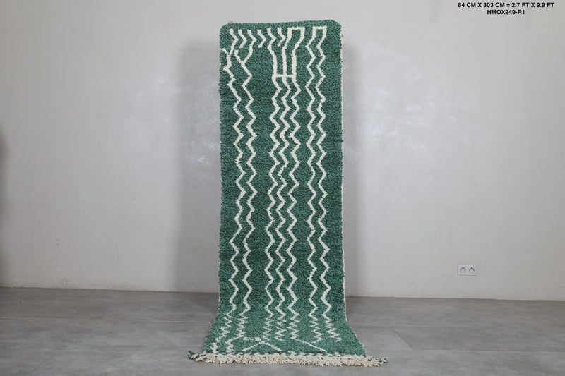 Runner Moroccan Rug - 2.7 x 9.9 ft | Handwoven Green Zigzag Design