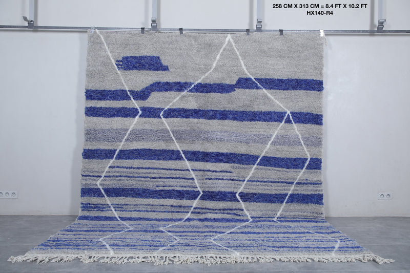 Grey Moroccan Rug - Handwoven 8.4 x 10.2 Feet | Blue Striped Geometric Design