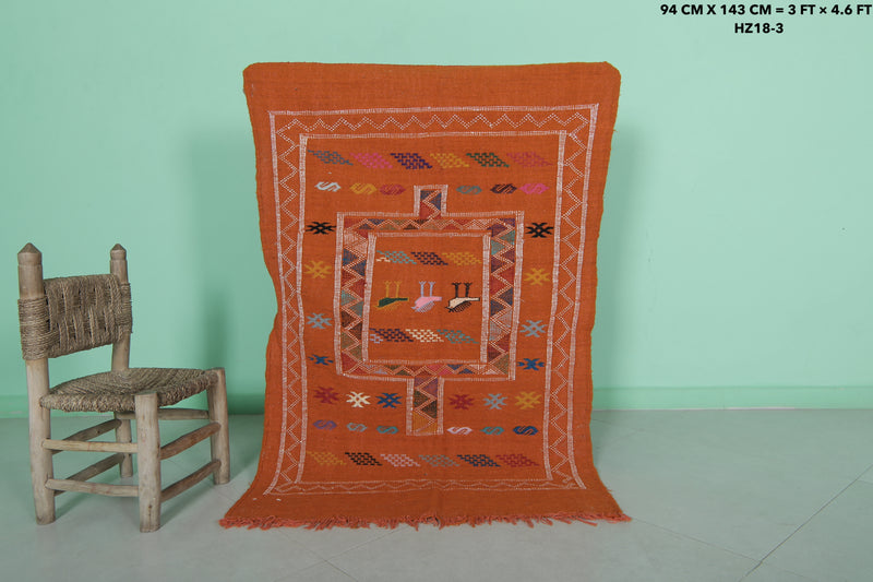 Orange Moroccan Kilim Rug - 3 FT X 4.6 FT - Handwoven Wool