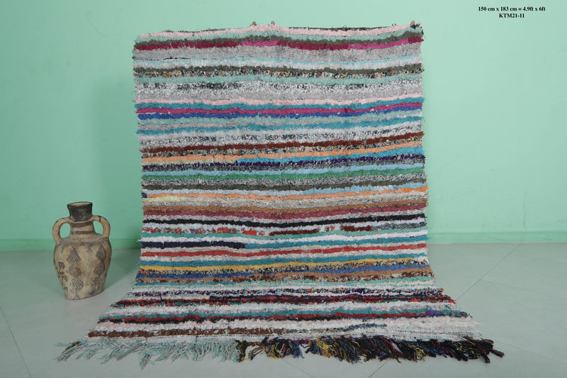 Moroccan Boucherouite Rug - 4.9x6 ft | Handwoven Striped Design