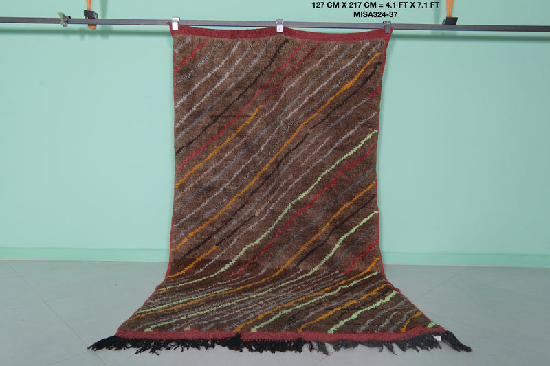 Brown Moroccan Rug - 4.1 x 7.1 ft with Striking Diagonal Patterns