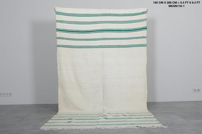 Beige and Green Striped Rug - 5.4 X 9.4 Feet | Handwoven Moroccan Kilim