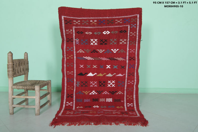 Moroccan Kilim Rug - Red Handwoven Design - 3.1x5.1 ft