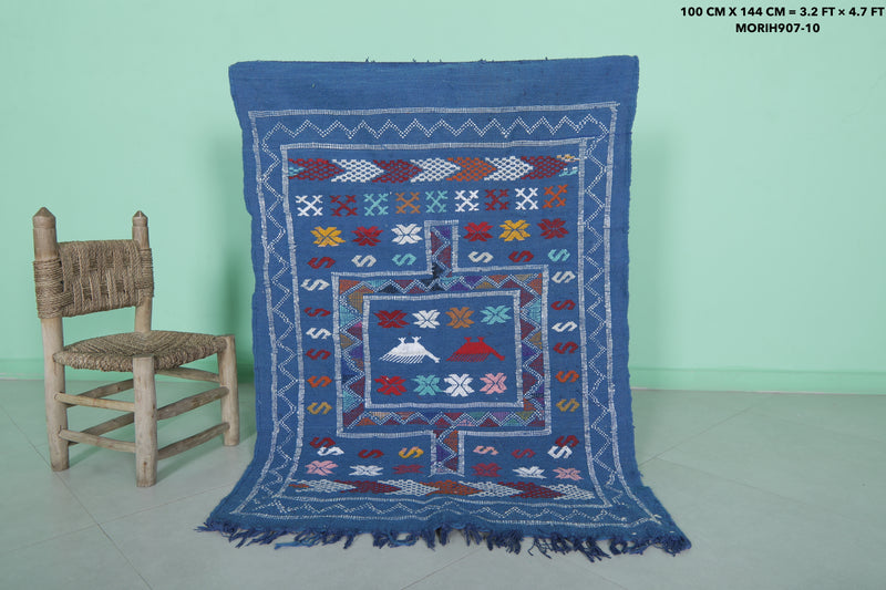 Blue Kilim Rug - 3.2 FT X 4.7 FT | Authentic Moroccan Handwoven